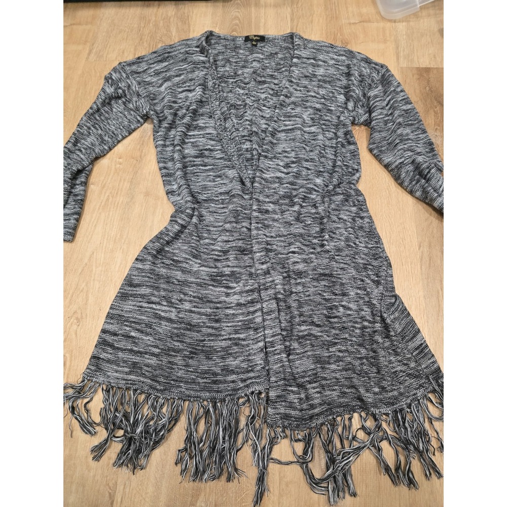 Cupio Women's Size L Marled Open Long Cardigan Sweater Fringe Hem Viscose Knit